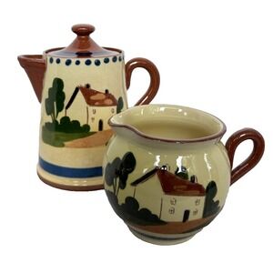 Watcombe Torquay Pottery MOTTOWARE Coffee Teapot 4" + Creamer Small Pitcher 3"